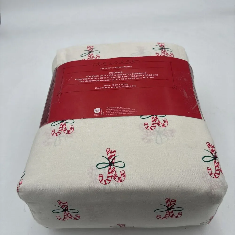 Wondershop  Holiday Cotton Sheet Set Candy Canes 200 Thread  Count  Queen Size .